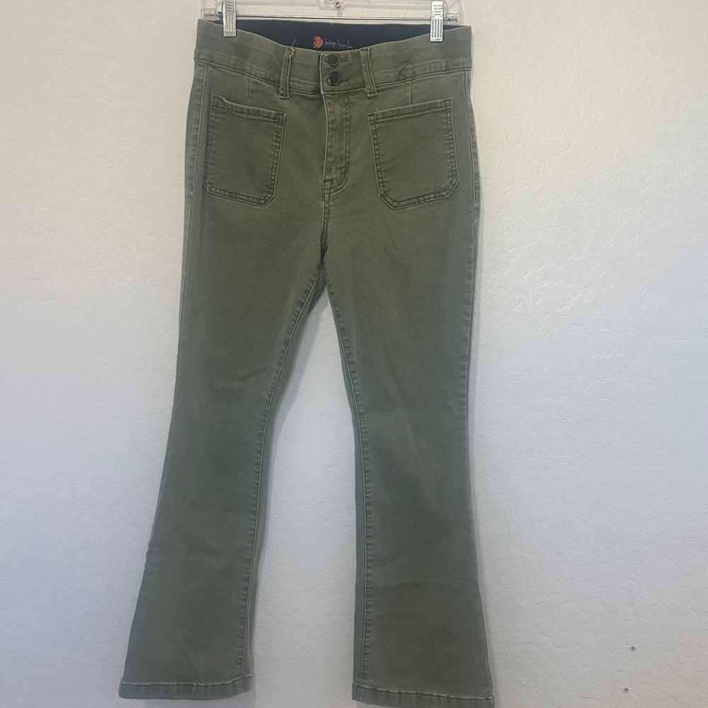 Indigo poppy size 12 Olive Green Flare Jeans y2k Wide Leg stretch forest grunge